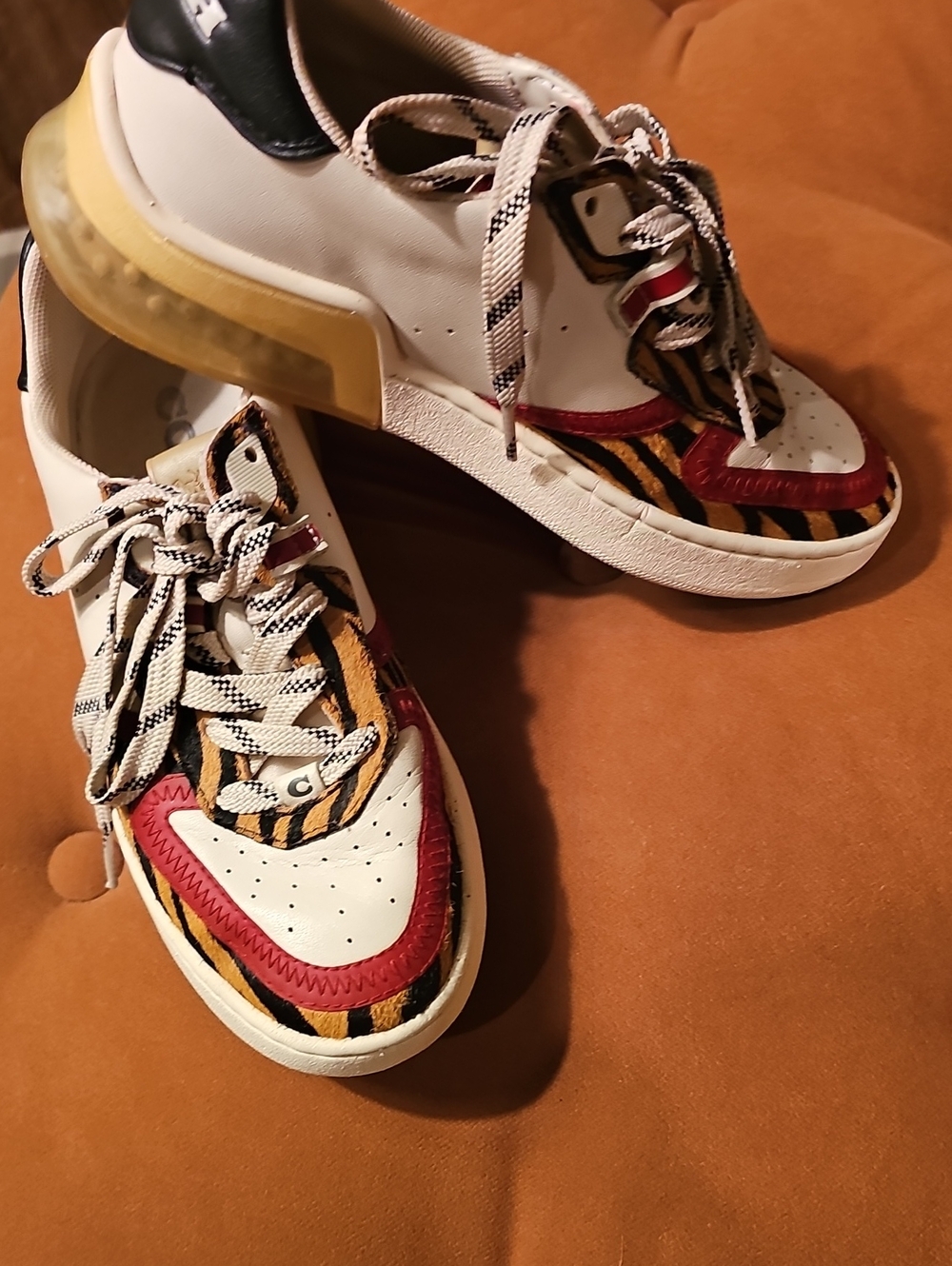 Coach White Sneakers with Red & Tiger-Print Accents